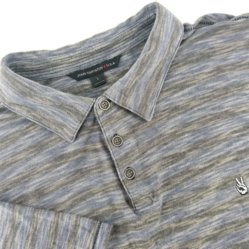 John Varvatos Mens Blue Space Dye Stripe Peace Sign Polo Shirt Large K1381Q2B